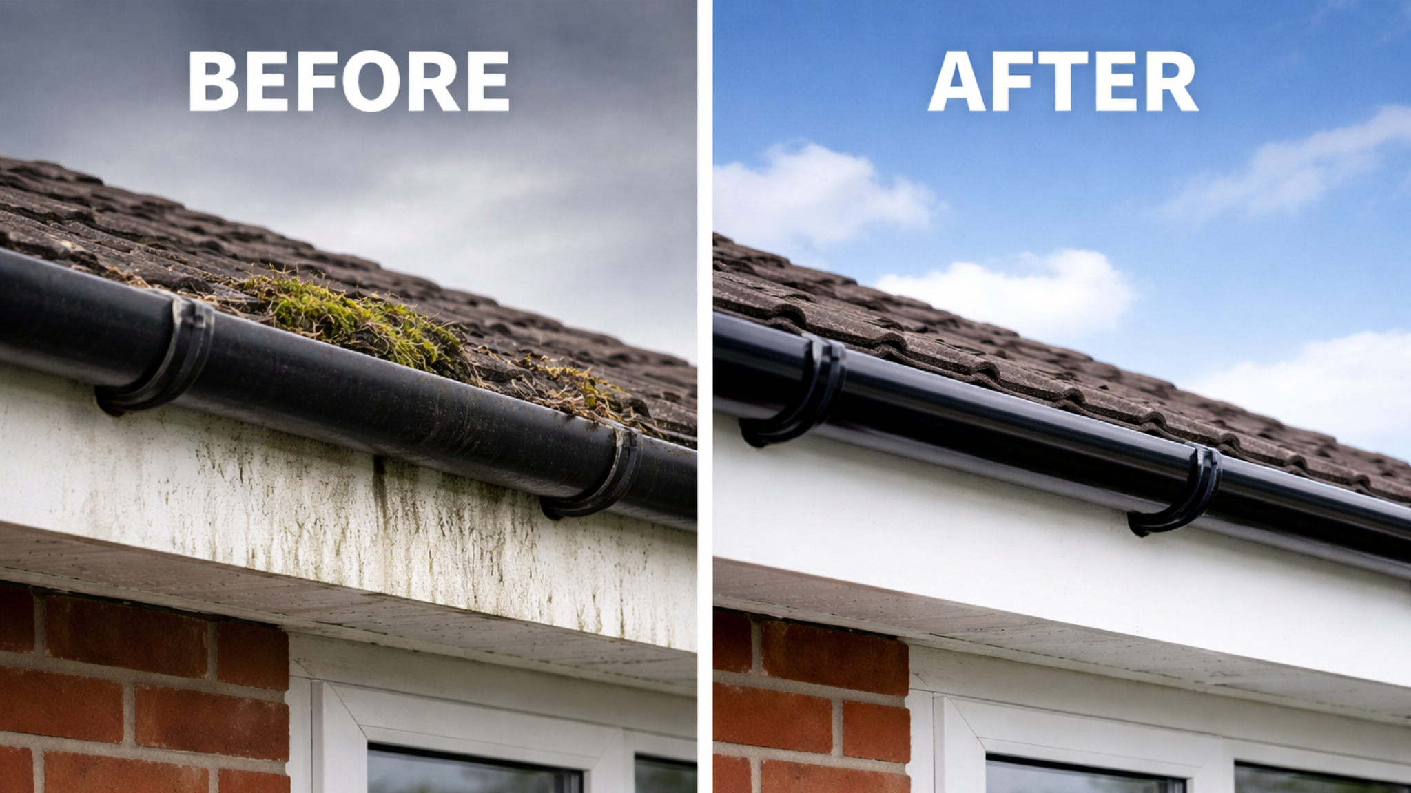 Side-by-side comparison of a house roof gutter, showing on the left a dirty, clogged gutter with moss and debris, and on the right a clean, replaced gutter.