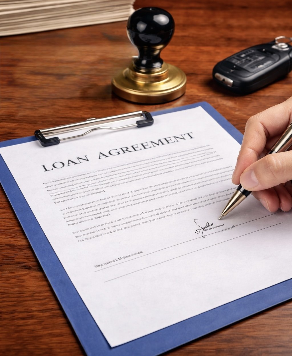 A person signing a loan agreement document on a wooden desk. The desk has a stamp, a tape dispenser, and a cordless phone.