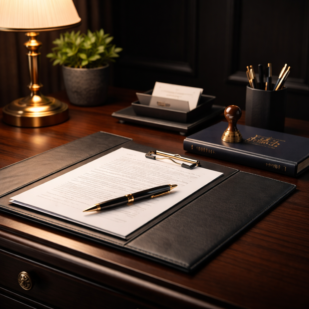 A well-organized wooden desk with a black leather folder, a gold and black pen, a stack of documents, a lamp, a potted plant, a black organizer with papers, a blue book with gold lettering, a rubber stamp, and a container holding pens and pencils.