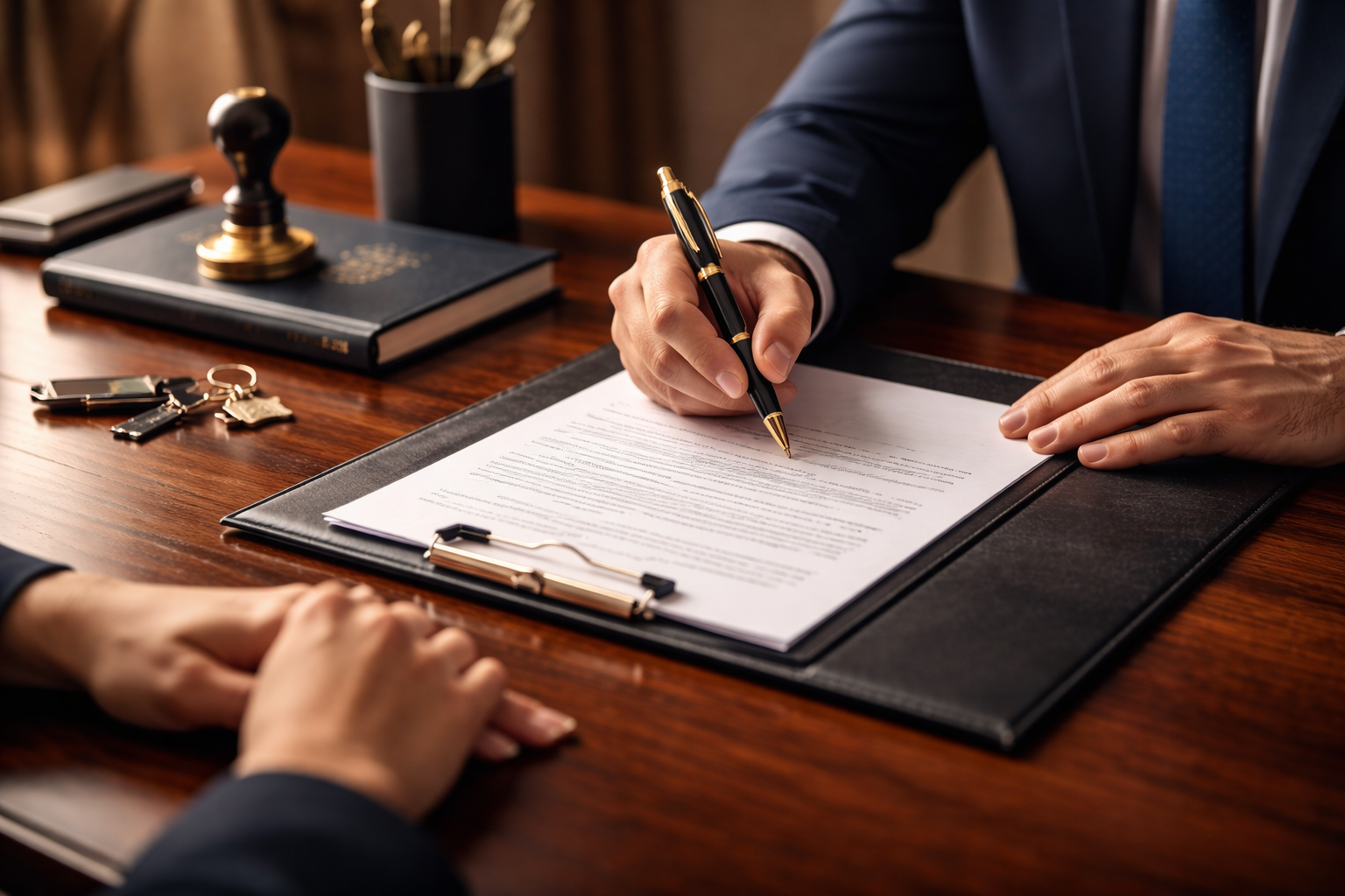 Person in formal attire signing a legal document with two other people present, on a wooden desk with office supplies and a keychain nearby.