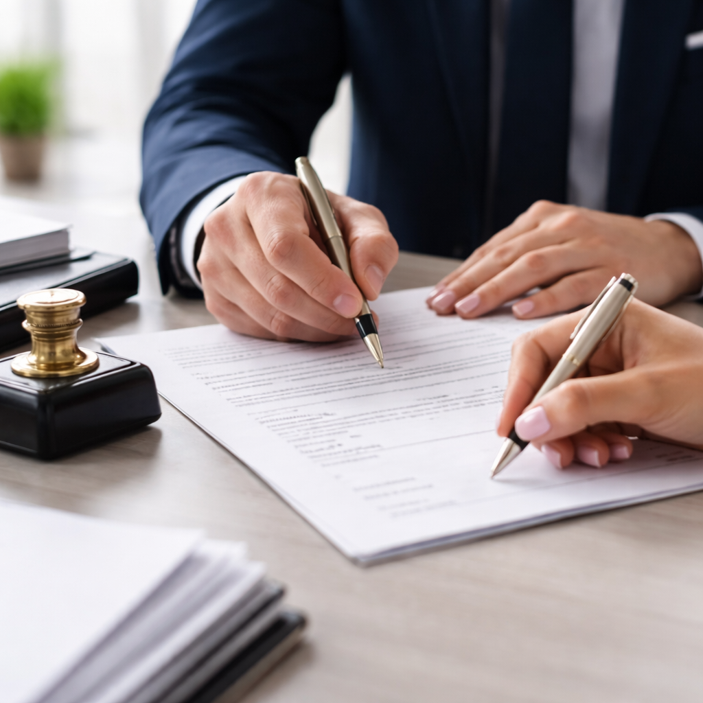 Two people in business attire signing documents at a desk with office supplies.