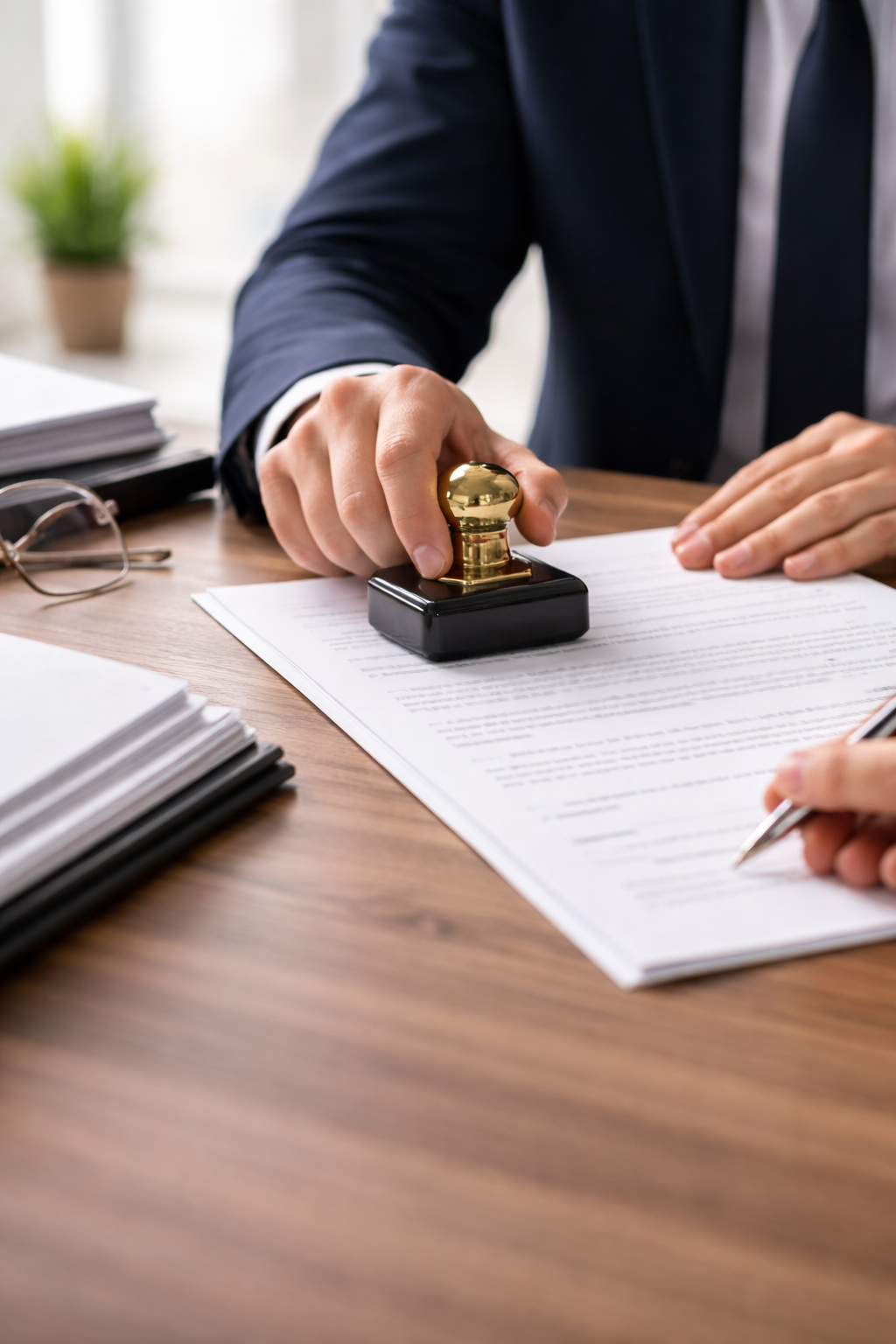 Person in formal attire using a gold stamp on a document at a wooden desk with stacks of papers, a pen, and glasses.