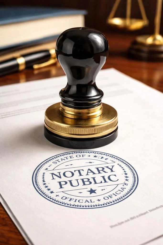 A notary public seal stamp on a document with text indicating it is an official notary public document, placed on a desk with legal books, a pen, and a scale in the background.