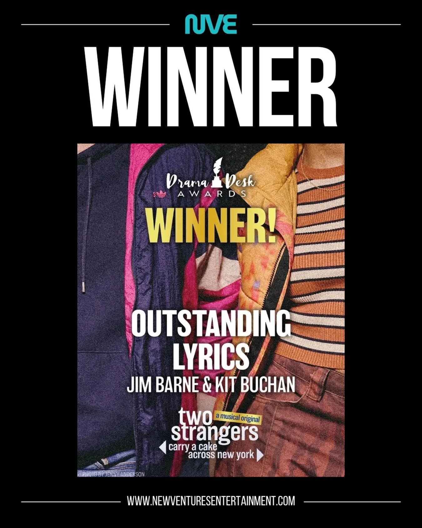 Congratulations to @themichaelpatrick! The Drama Desk Award for Outstanding Lyrics goes to Jim Barne and Kit Buchan for Two Strangers (Carry a Cake Across New York).