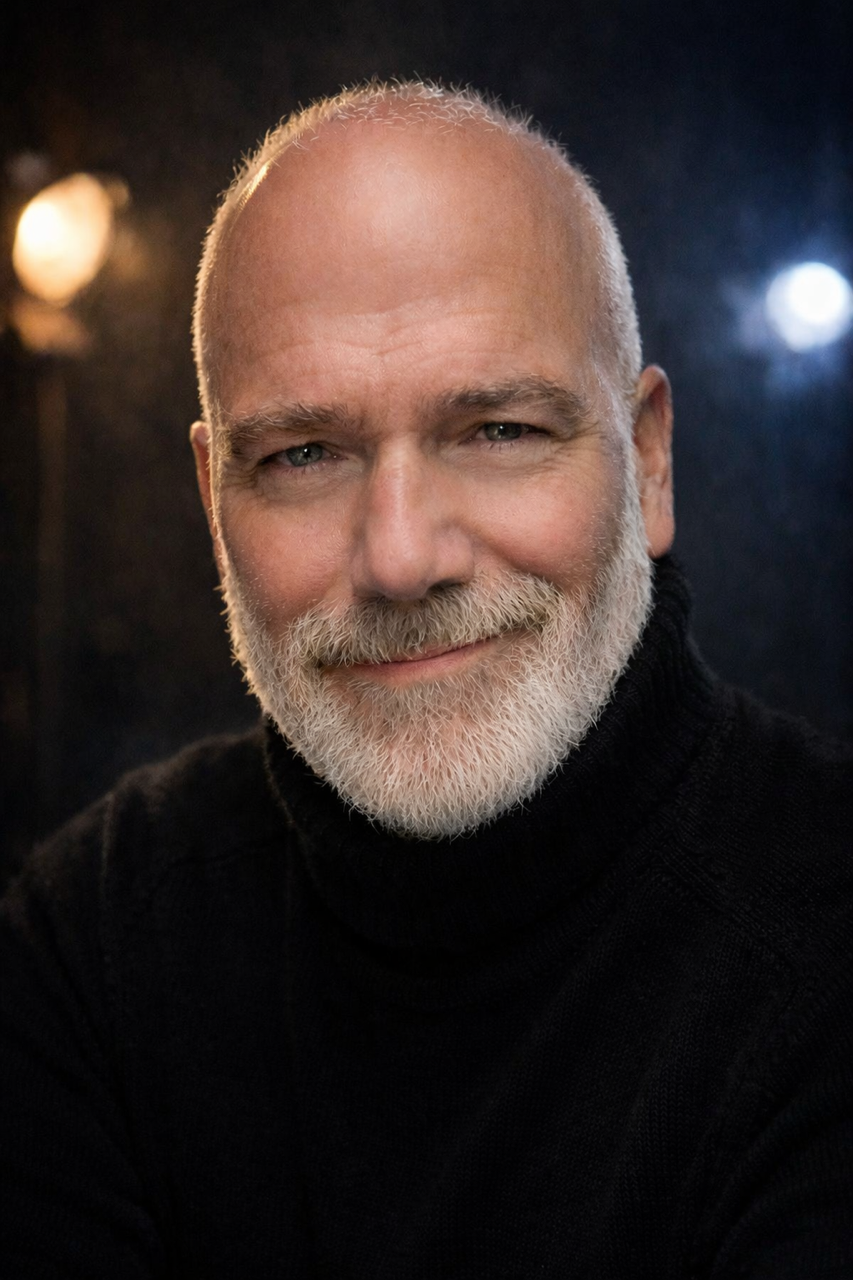A portrait of a smiling older man with a beard and short hair, wearing a black turtleneck sweater, against a dark background with bright lights.