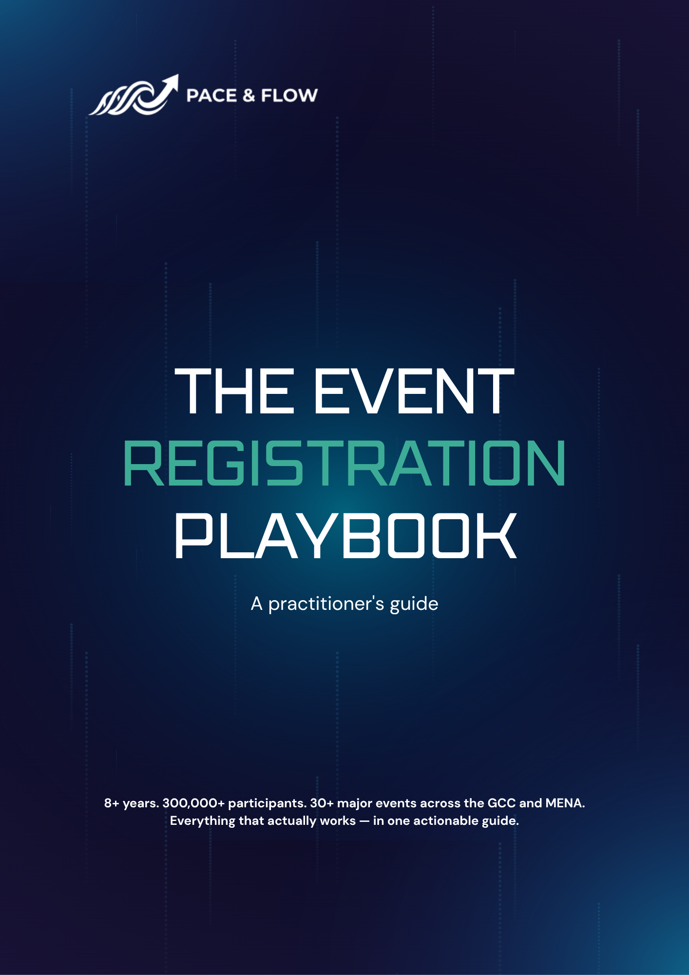 Cover of a guidebook titled 'The Event Registration Playbook' with a subtitle 'A practitioner's guide' and a logo at the top left corner that reads 'Pace & Flow'. The background is dark blue with subtle vertical dotted lines.