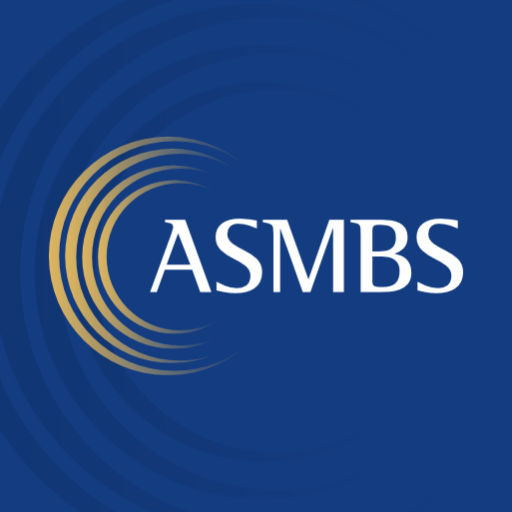 ASMB logo with a blue background and gold semicircular design