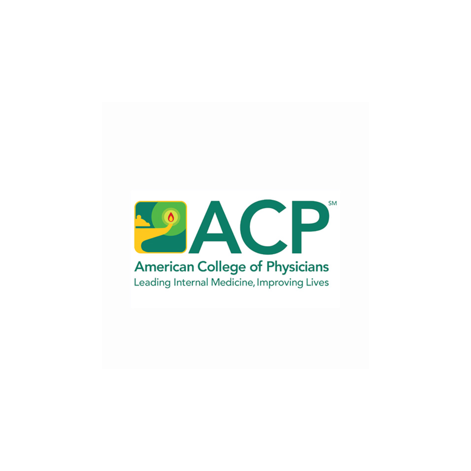 Logo of the American College of Physicians, featuring a yellow hand holding a lit candle, with the text "ACP" and the slogan "Leading Internal Medicine, Improving Lives."