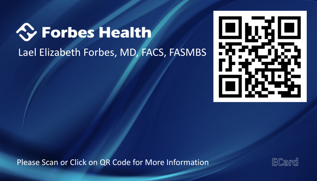 Business card for Lael Elizabeth Forbes, MD, FACS, FASMBs from Forbes Health with a QR code and blue abstract background.