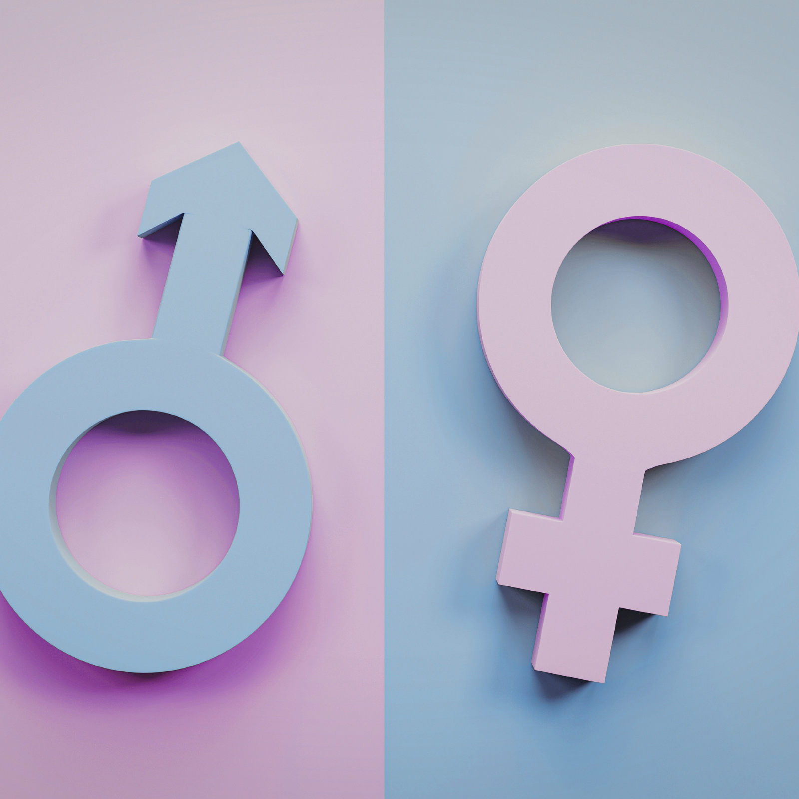 Pink and blue pastel-colored symbols of gender for female and male on a divided pastel background.
