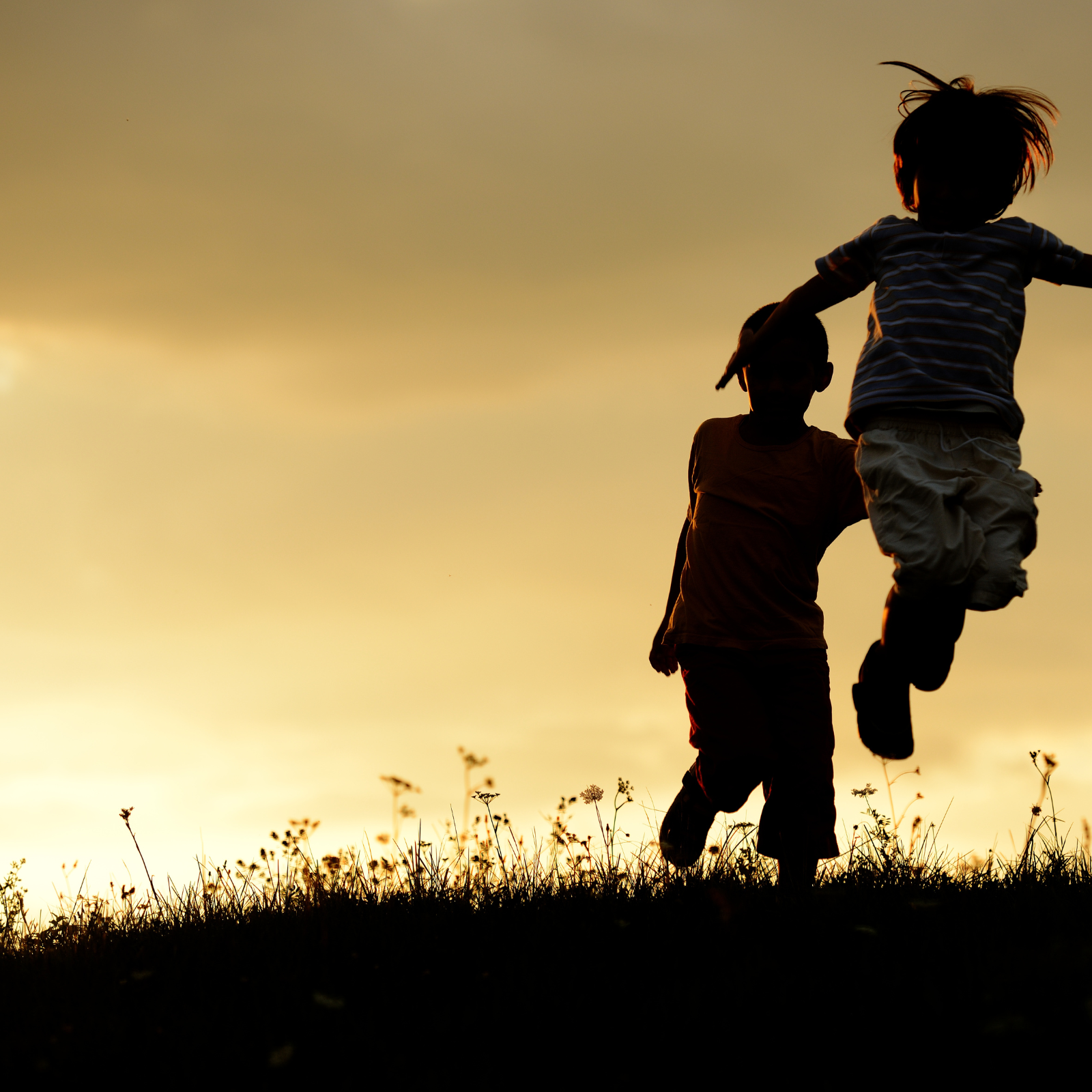 Silhouettes of two children playing outside during sunset, with one child jumping and the other holding a child, with tall grass in the foreground and a warm sky in the background.