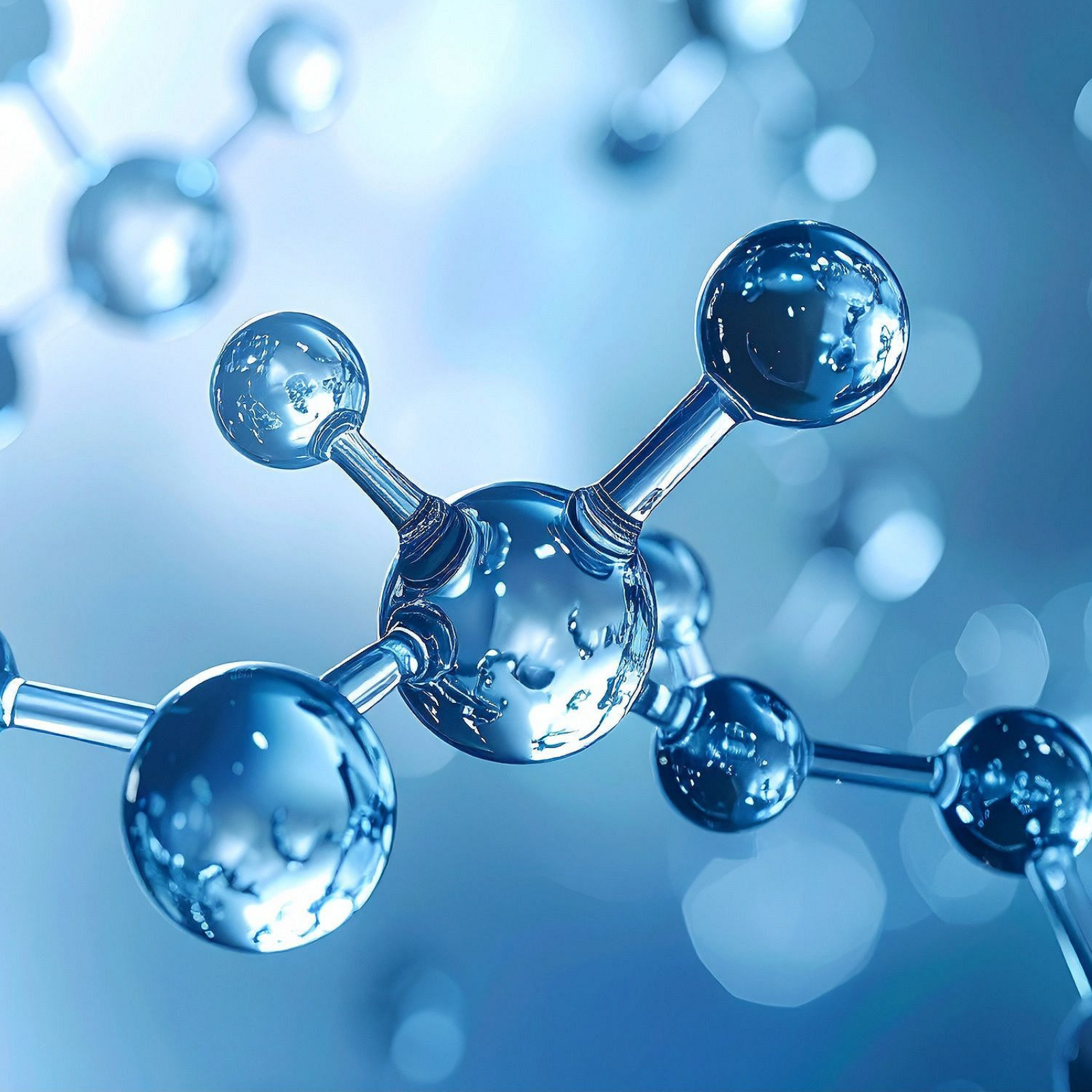 A close-up image of molecular model with interconnected shiny blue spheres and sticks representing atoms and bonds against a blue bokeh background.