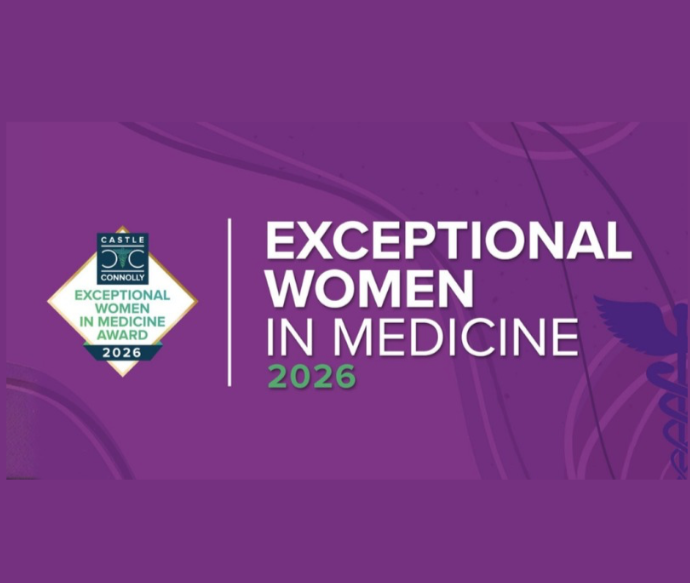 Award logo for 'Exceptional Women in Medicine 2026' by Castle Connolly, featuring a purple background with medical symbols and a shield emblem.