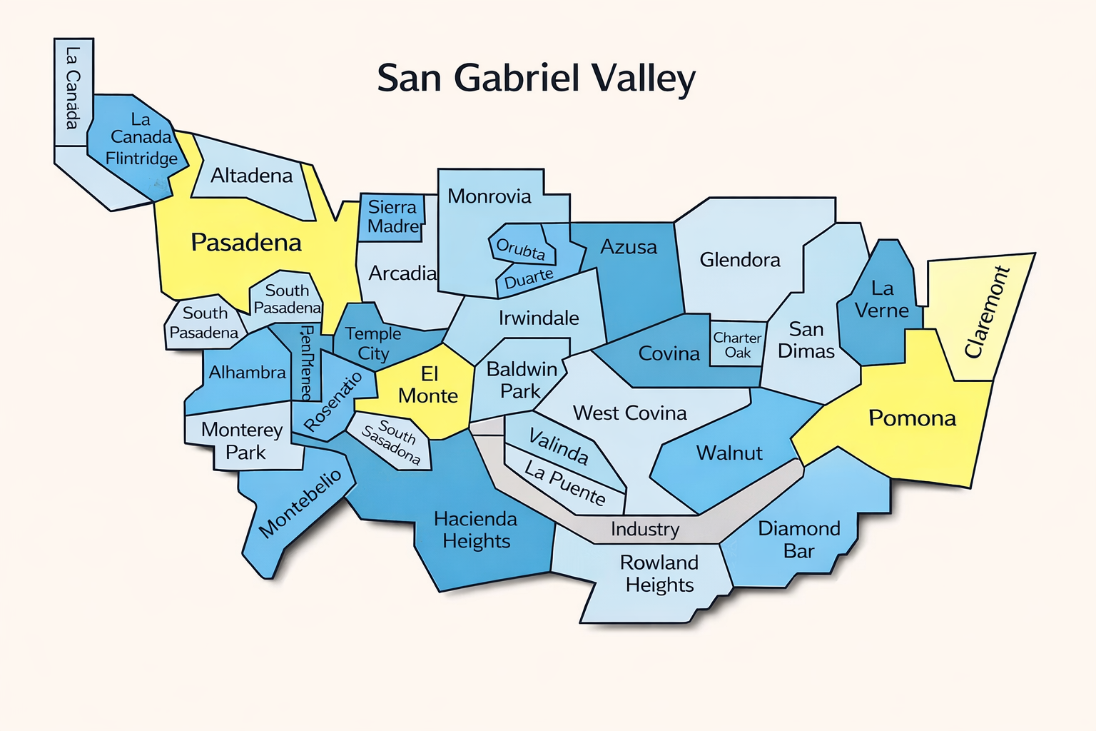 Map of the San Gabriel Valley, showing neighborhoods like Alhambra, Monterey Park, East Pasadena, La Canada Flintridge, South Pasadena, Temple City, El Monte, Pomona, La Verne, and others, with color coding and boundaries.