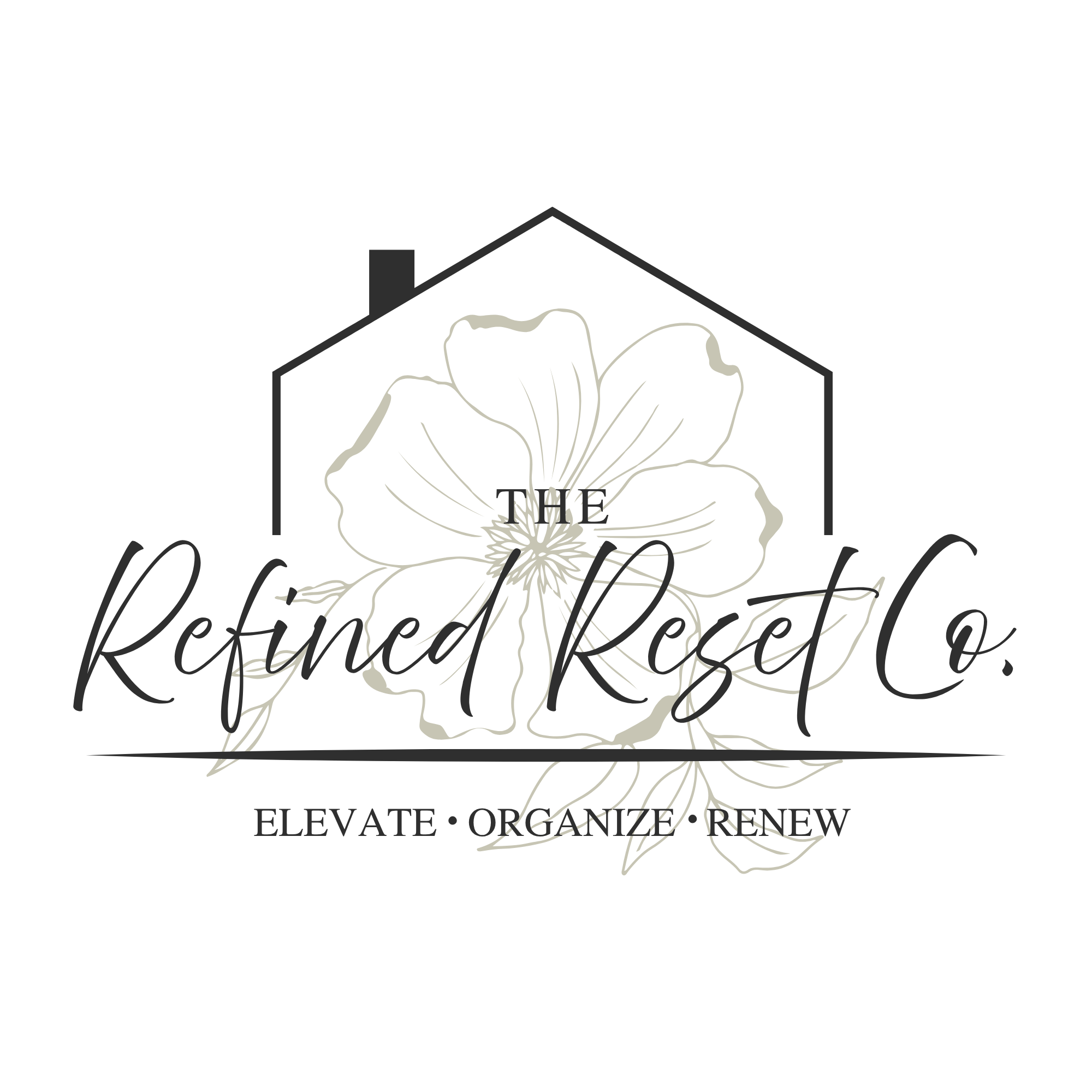 A black background with a gold outline of a flower inside a house shape. Overlaid text reads 'Time Refined Reset Co.' with the slogan 'Elevate . Organize . Renew' beneath. Offering Home Organizing and resets.