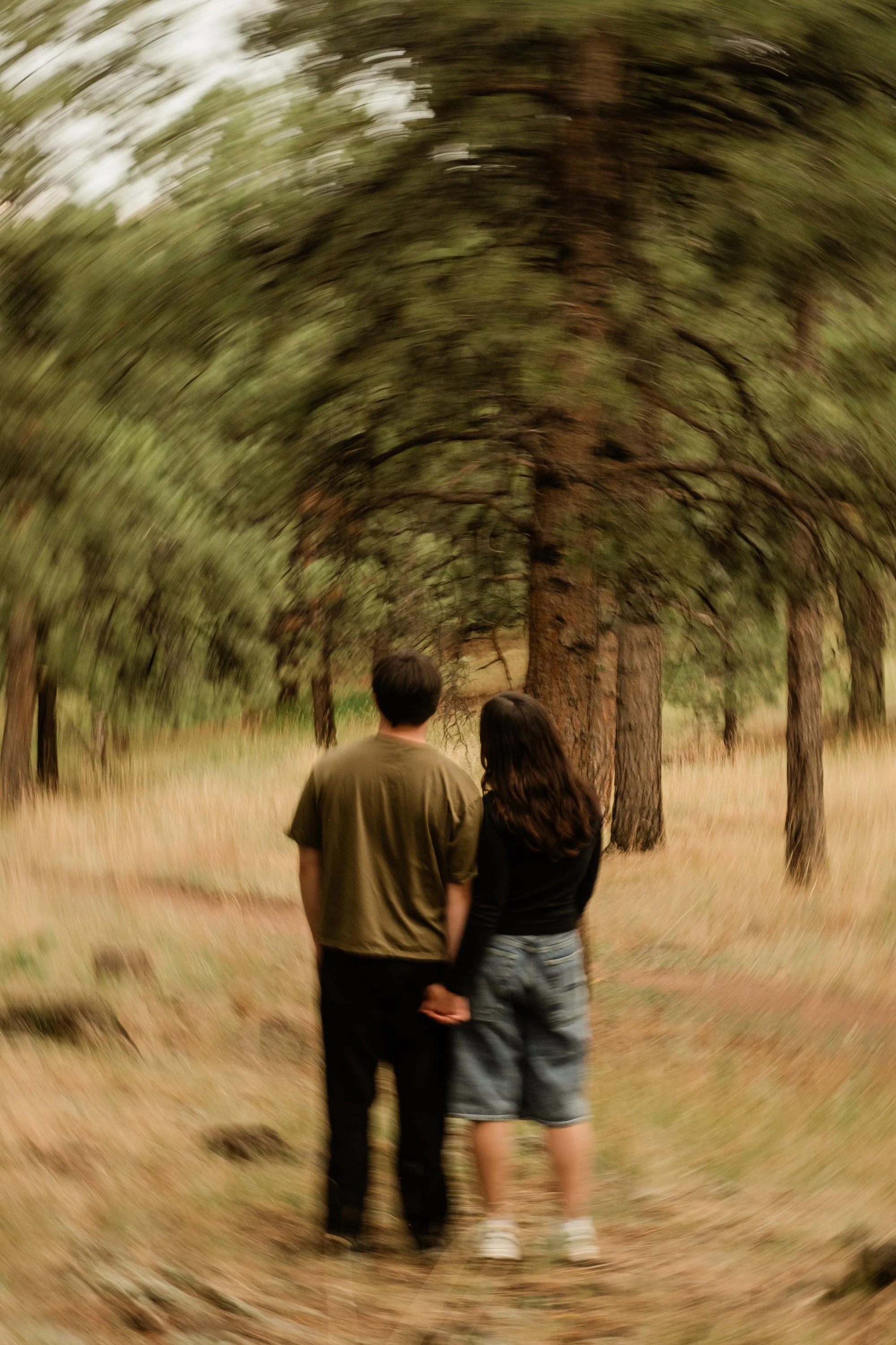 A couple stands close together holding hands, facing a large pine tree in a forest with a motion-blurred background.