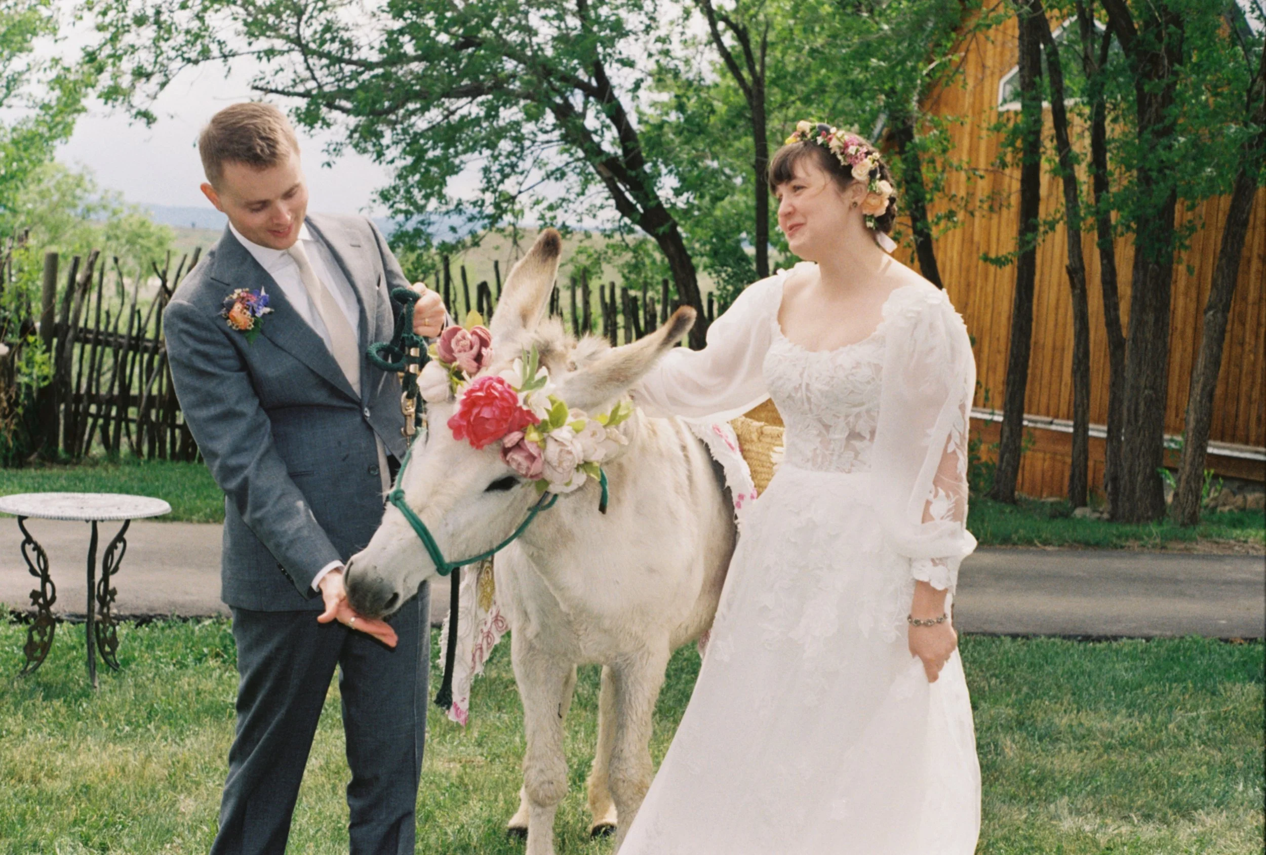 A bride and groom standing outdoors near a white donkey decorated with pink and white flowers on its head and saddle, in a green garden with trees and a wooden fence.