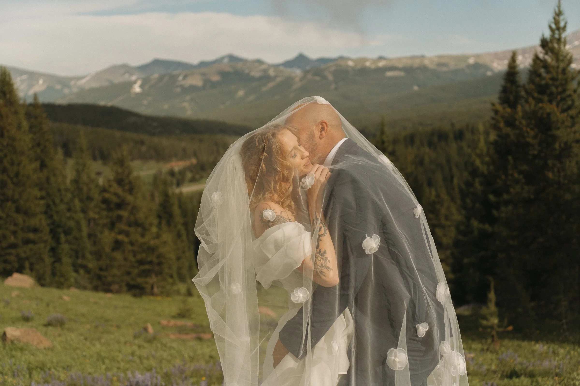 A bride and groom embrace under a veil in a mountain landscape with trees and mountains in the background.