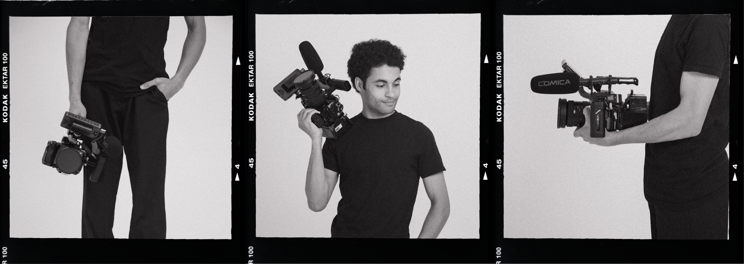 A collage of three black-and-white photos showing people holding video cameras and cinematography equipment, with one person in the middle smiling while holding a camera over the shoulder.