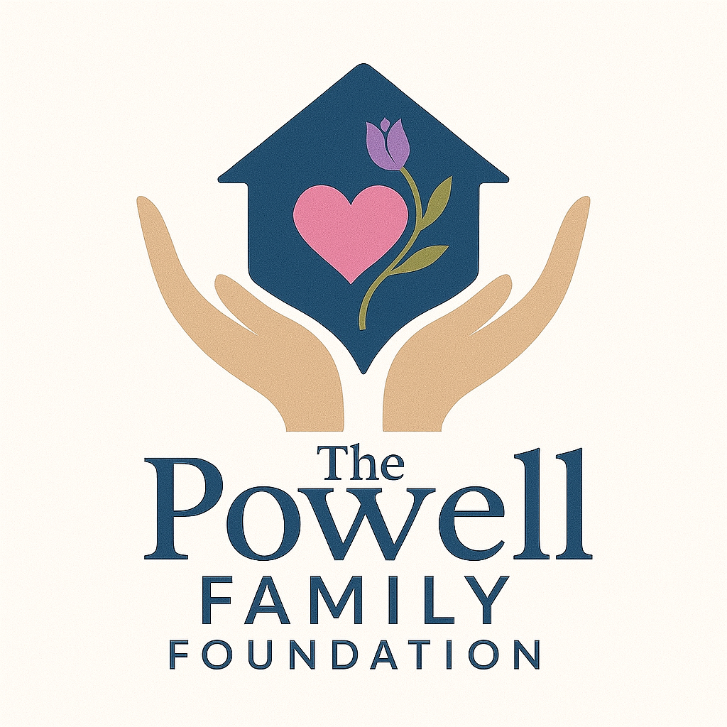 Logo for the Powell Family Foundation featuring two hands holding a house with a heart and flower inside, with text underneath reading "The Powell Family Foundation."