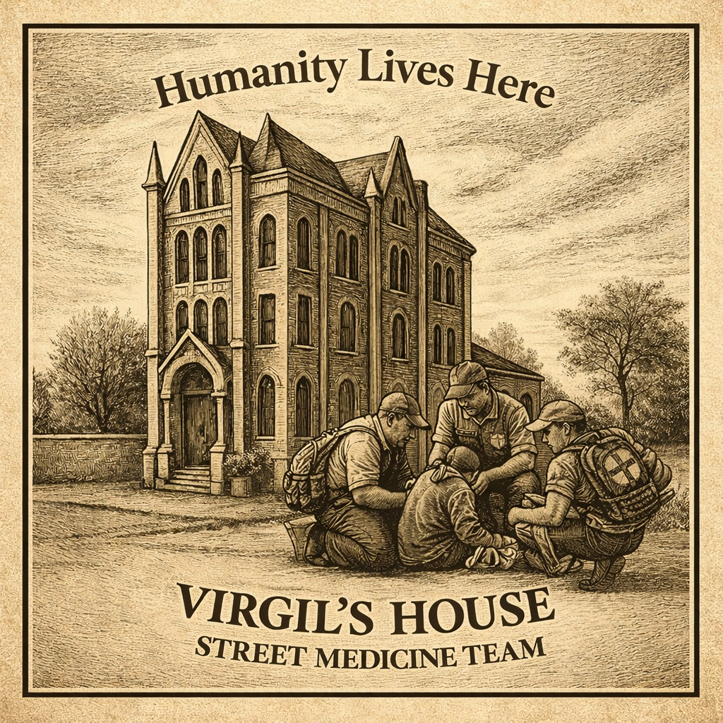 A drawing of a Gothic-style house with four storys and arched windows, behind four street medicine team members checking on a person sitting on the ground. The scene has a caption that reads "Humanity Lives Here" and "Virgil's House Street Medicine Team."