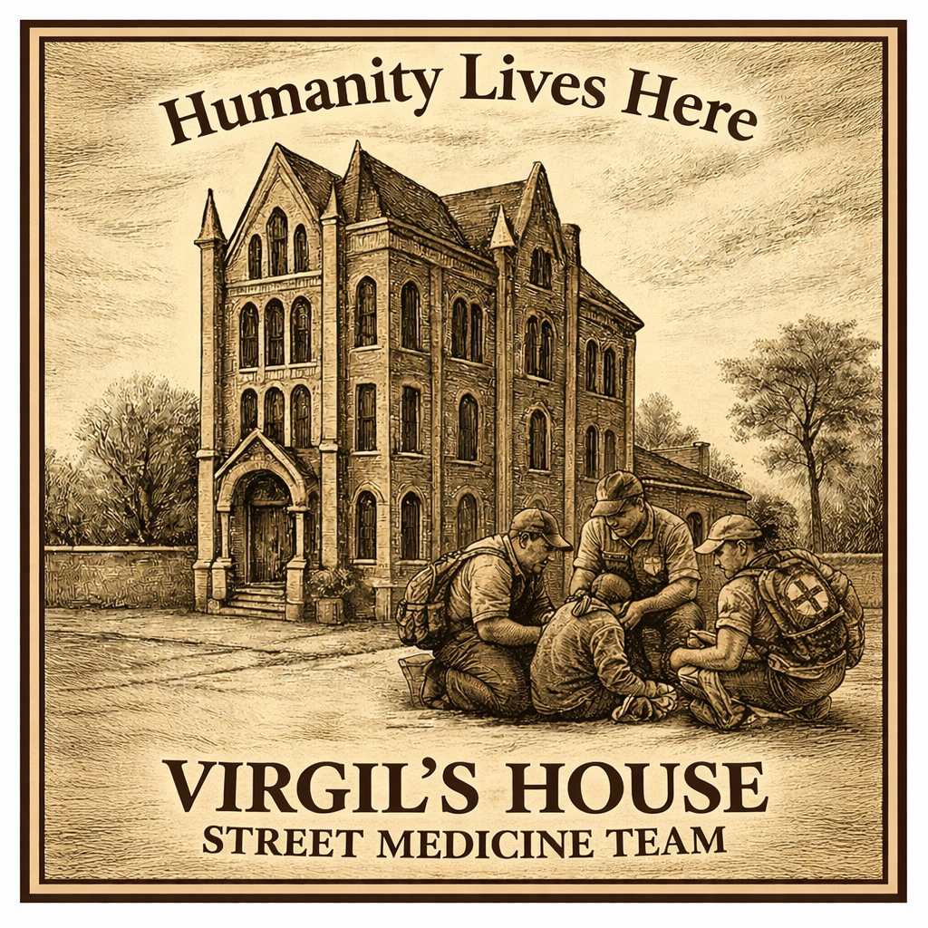 A sepia-toned illustration of a large, old Victorian-style house with a stone facade, arched windows, and a pointed roof. In front of the house, a group of four street medical team members, wearing uniforms and carrying backpacks, are attending to a young person on the ground. Text at the top reads 'Humanity Lives Here,' and at the bottom, it says 'Virgil's House Street Medicine Team.'