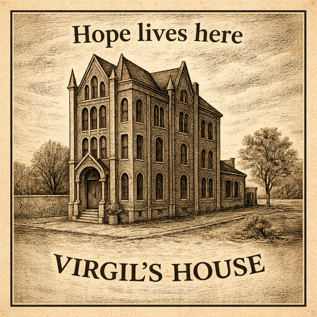 An illustration of a large, old, gothic-style house with a stone facade and multiple arched windows, surrounded by trees and open land. Text at the top reads "Hope lives here," and at the bottom, it says "Virgil's House."
