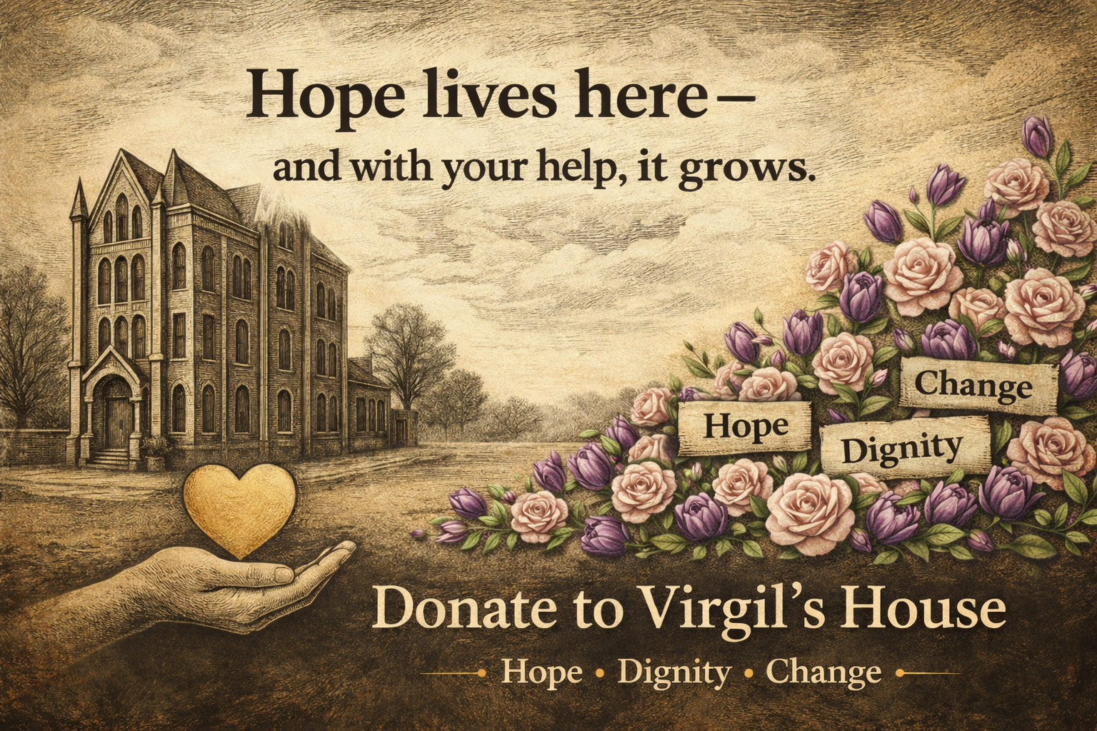 A vintage illustration showing a large haunted house and a hand holding a heart, with a garden of pink and purple flowers. The text promotes donations to Virgil's House for hope, dignity, and change.