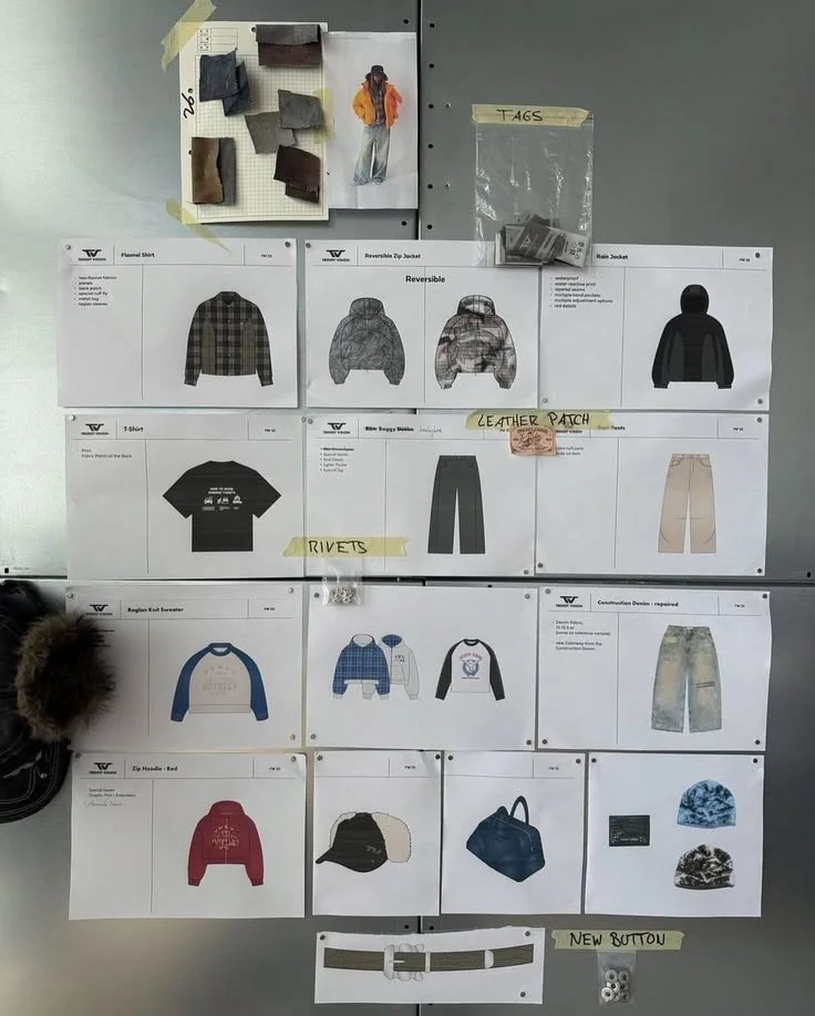 Design schematics and fabric swatches for clothing and accessories, including jackets, t-shirts, sweaters, pants, hats, bags, with labels such as 'TAGS,' 'LEATHER PATCH,' 'RIVETS,' and 'NEW BUTTON.'