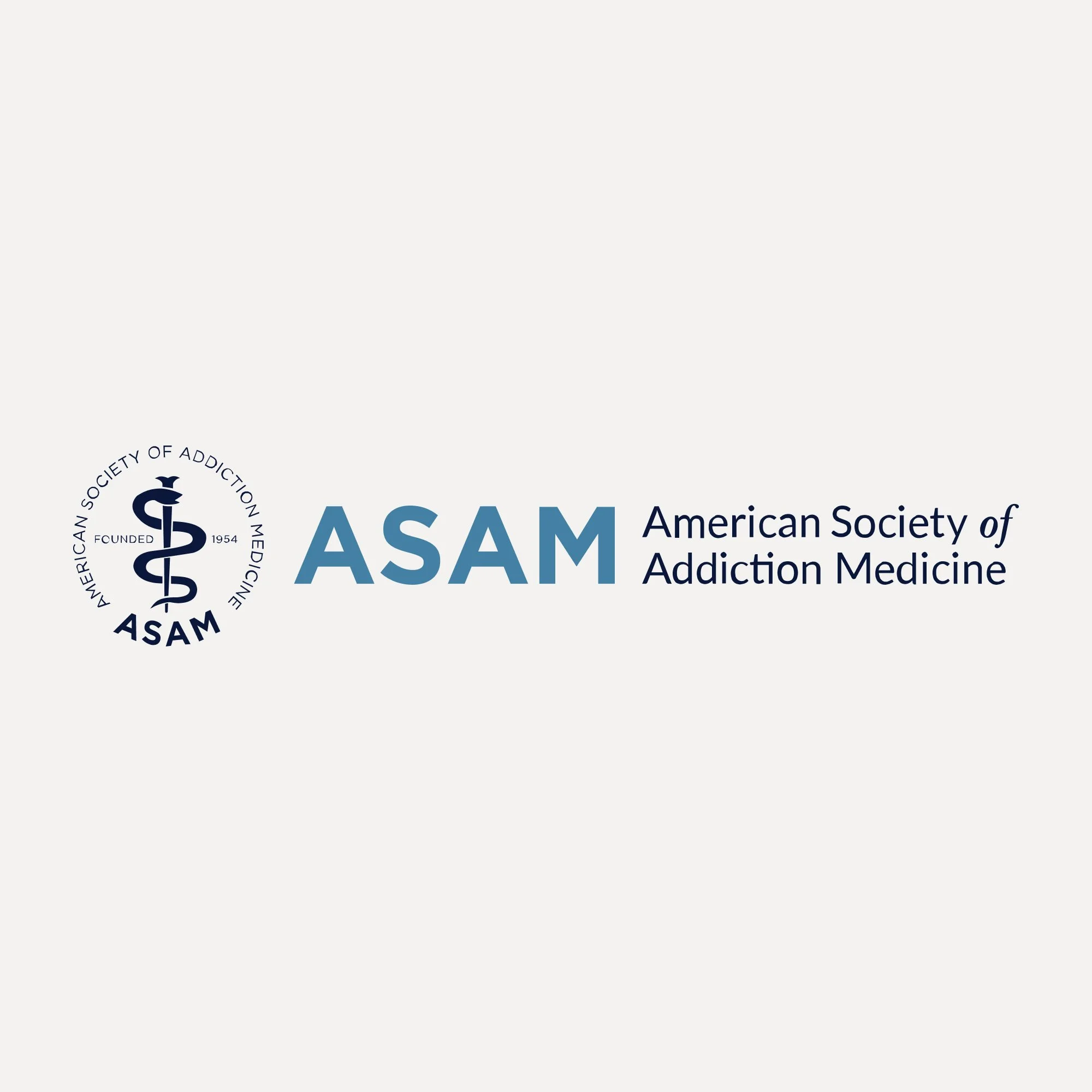 Logo of the American Society of Addiction Medicine (ASAM). Left side of logo features a caduceus symbol and the acronym  'ASAM" below it. The right side has the acronym 'ASAM' in blue and American Society of Addiction Medicine in dark blue letters.