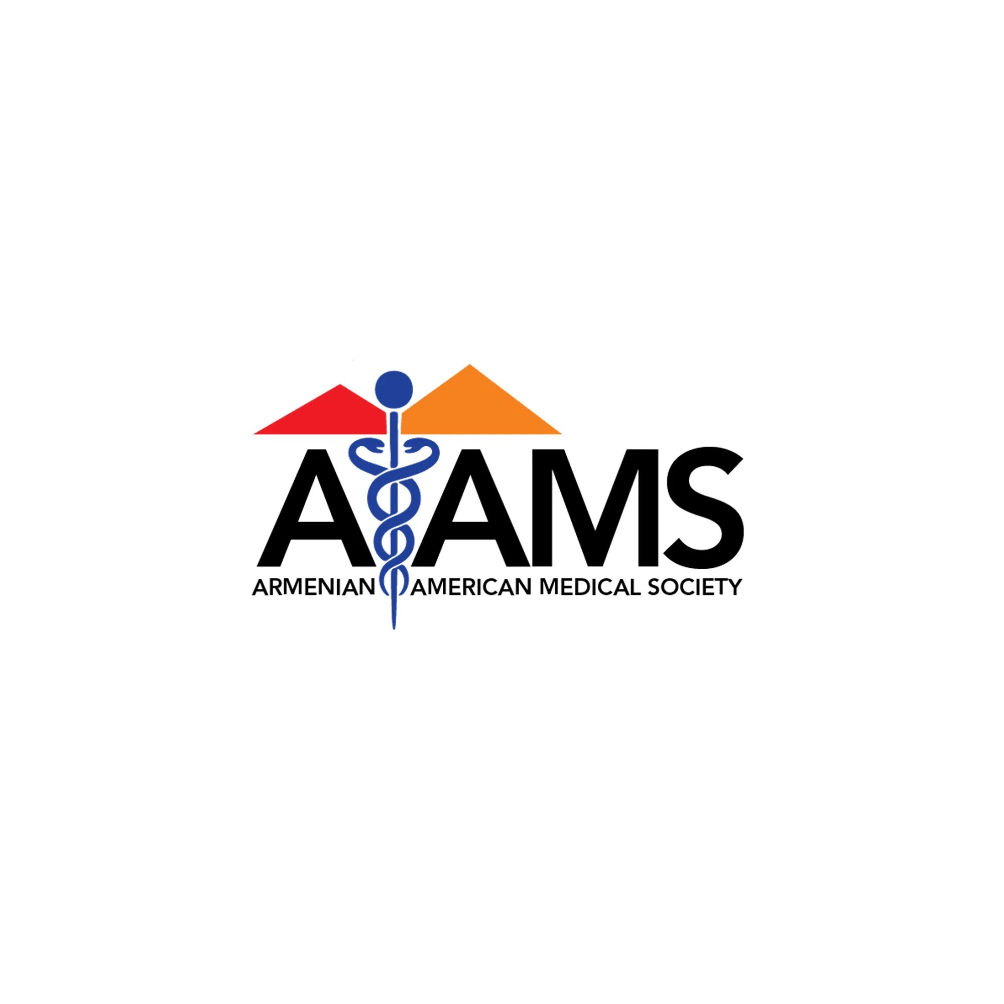 Logo of Armenian American Medical Society (AAMS) featuring a blue caduceus symbol and red and orange mountains.