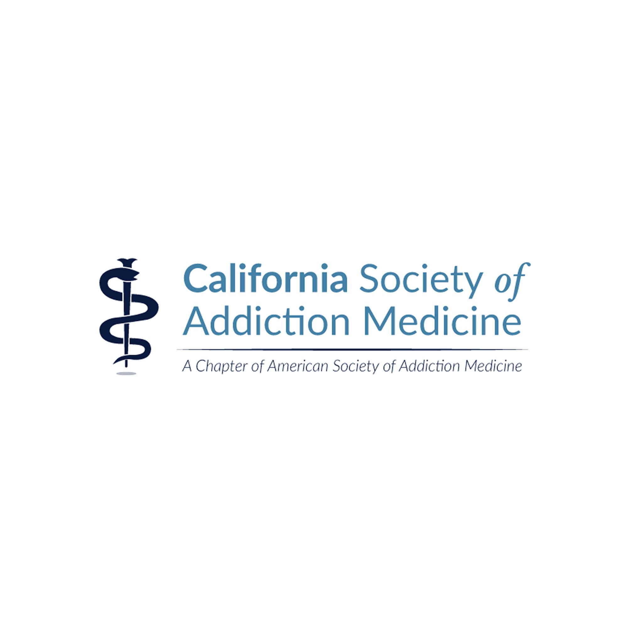 Logo of California Society of Addiction Medicine with a caduceus symbol and the text 'California Society of Addiction Medicine' and 'A Chapter of American Society of Addiction Medicine'.