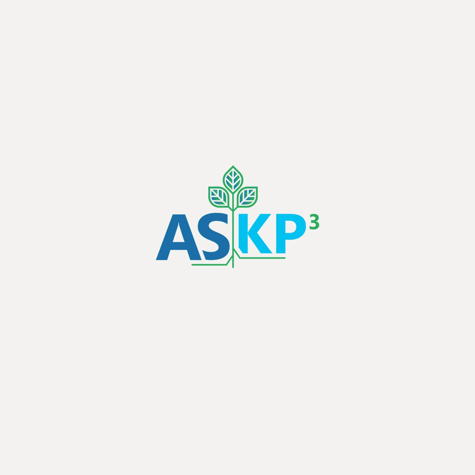 Logo of the The American Society of Ketamine Physicians, Psychotherapists, & Practitioners. The logo is of the acronym 'ASKP^3' in blue and light blue with a green plant sprouting between the letters 'S' and 'K.'