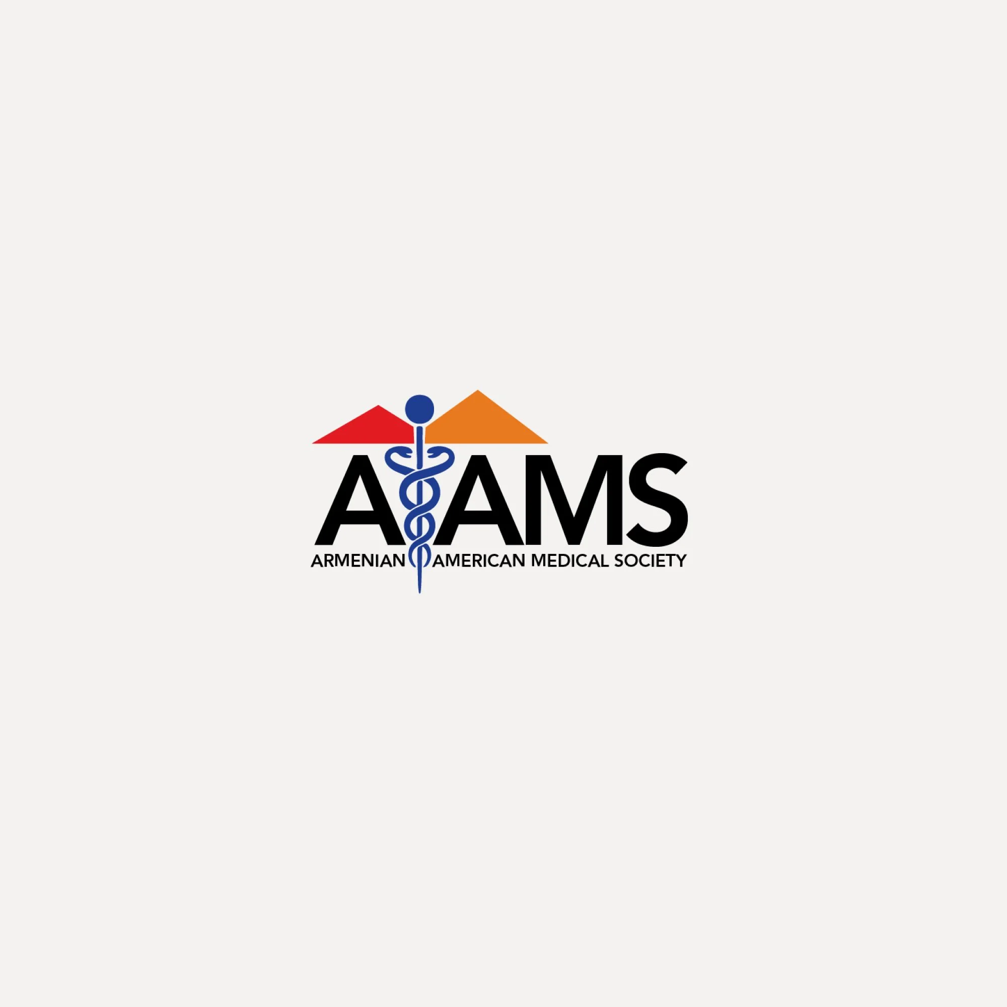 Logo of the Armenian American Medical Society featuring a caduceus symbol with a snake wrapped around a staff, flanked by two red and orange mountain peaks, and the organization's name below.