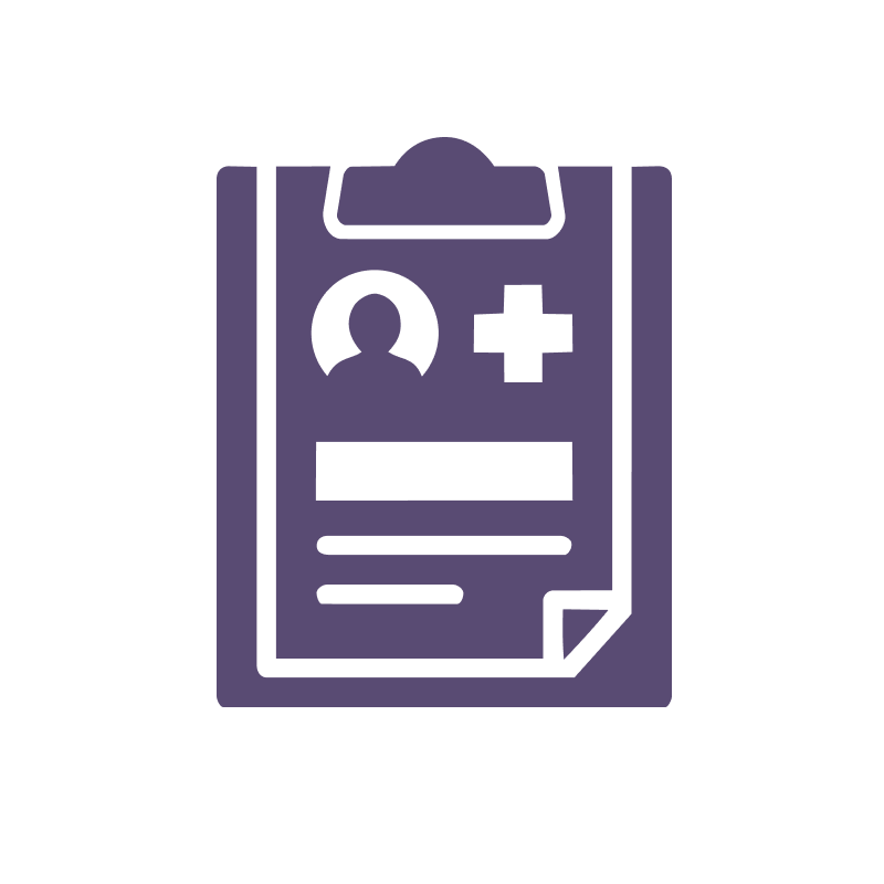 Purple icon of a medical record or patient form with a profile picture and a medical cross symbol.