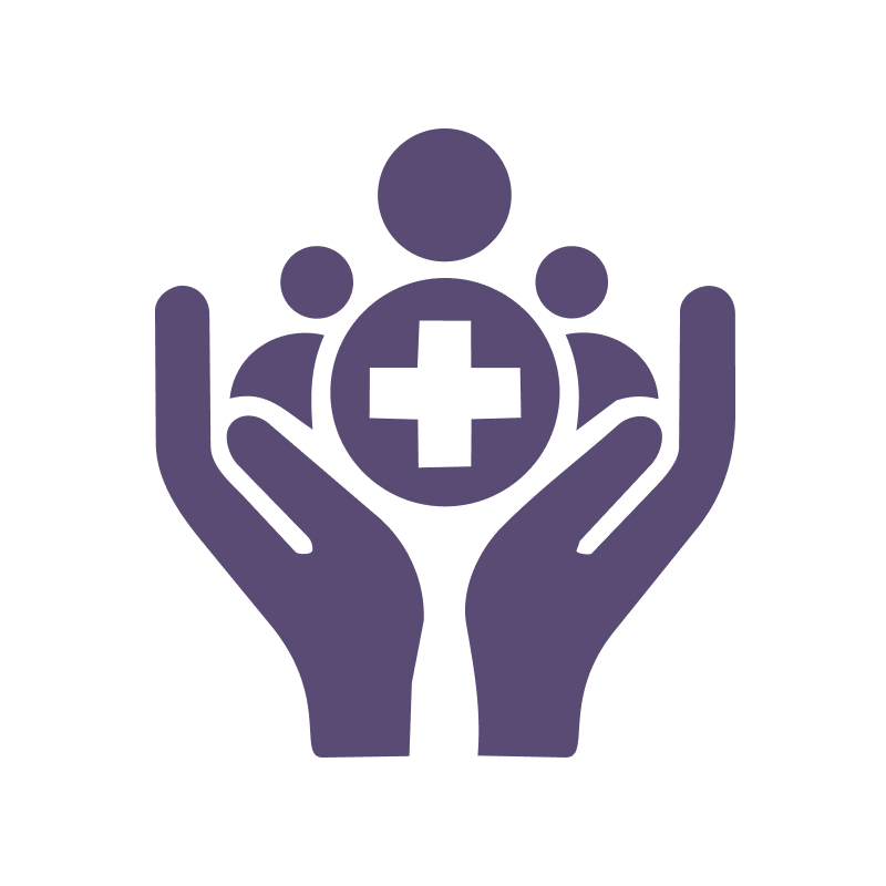Icon of a purple of two hands holding a circle with a medical cross and three small figures surrounding it.