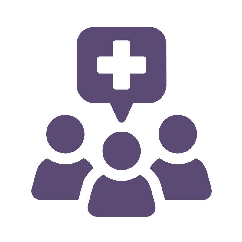 Purple icon of three people with a speech bubble containing a medical cross above them, representing healthcare or medical consultation.