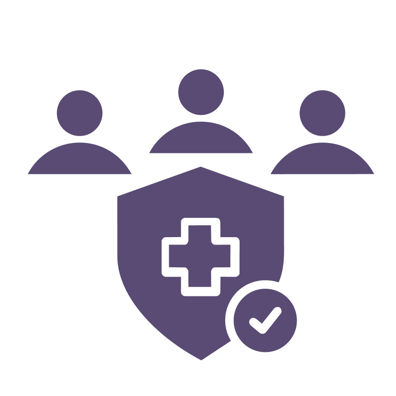 Purple illustration of three people above a shield with a medical cross and checkmark symbol, representing health protection or healthcare security.