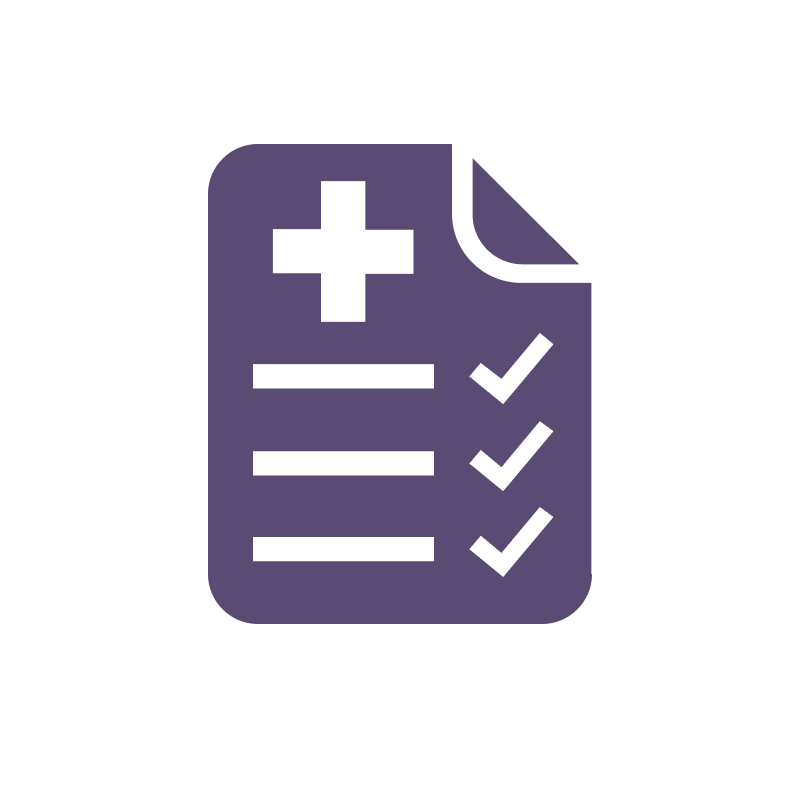Icon of a purple of a medical document with a medical cross sign, checkmarks, and lines of text.