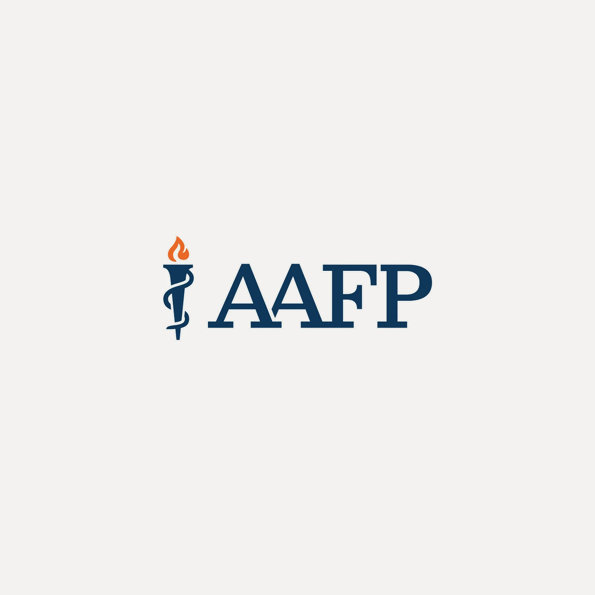 Logo of the American Academy of Family Physicians. The logo features an orange flame and dark blue medical caduceus symbol with dark blue letters of the acronym 'AAFP.'