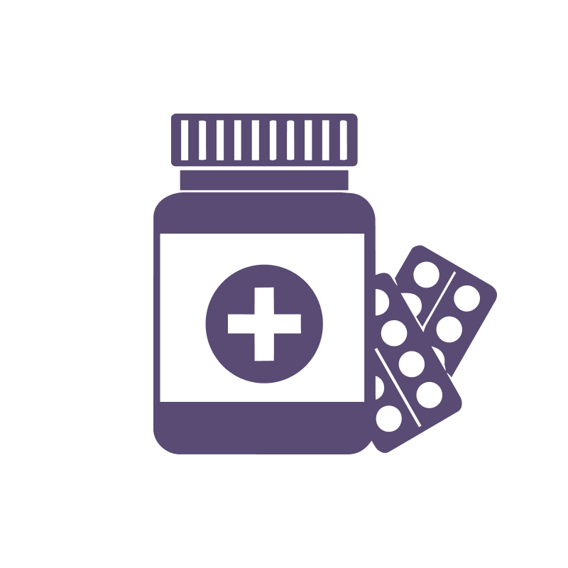Icon of a purple medicine bottle with a medical cross on the label and two blister packs of pills beside it.