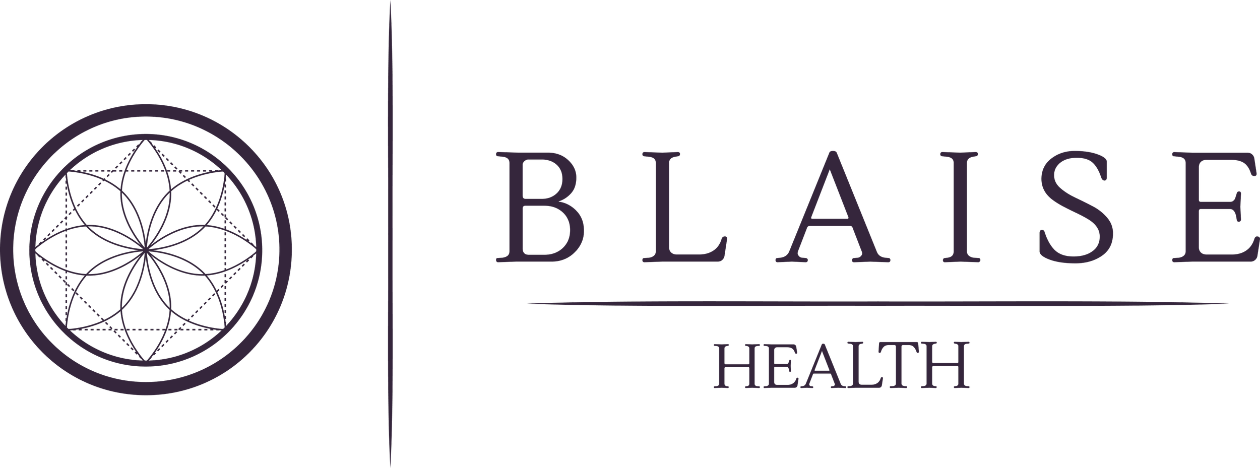 Logo for BLAISE Health with a floral geometric design surrounded by concentric circles.