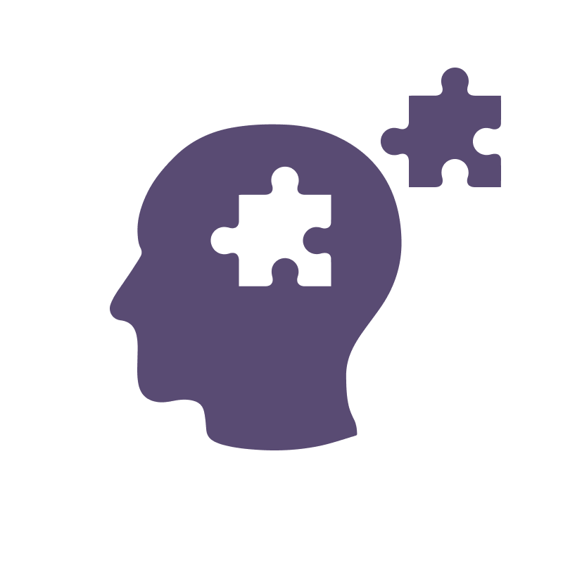 Icon of a purple silhouette of a human head with a puzzle piece and a separate puzzle piece floating nearby, symbolizing mental evaluation.
