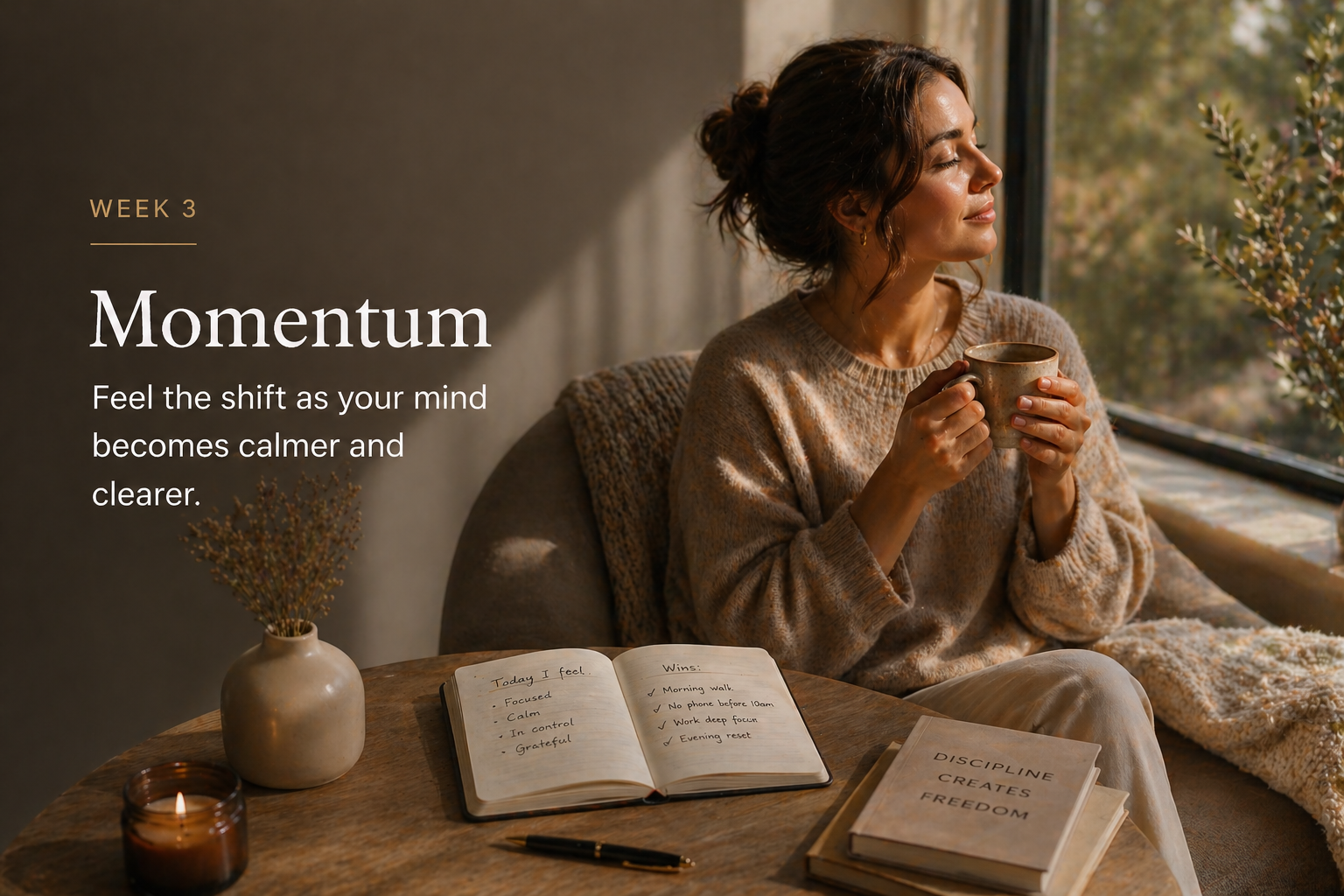 A woman sitting by a window with a mug in her hands, a notebook open on the table, and books nearby, enjoying a peaceful moment.
