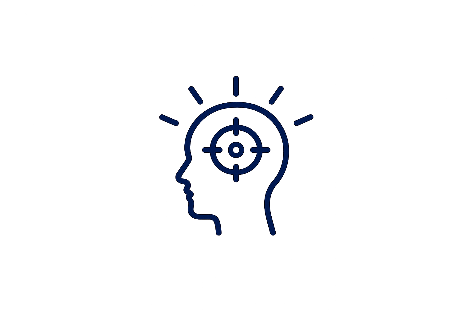Outline of a human head with a target symbol inside, surrounded by light rays.