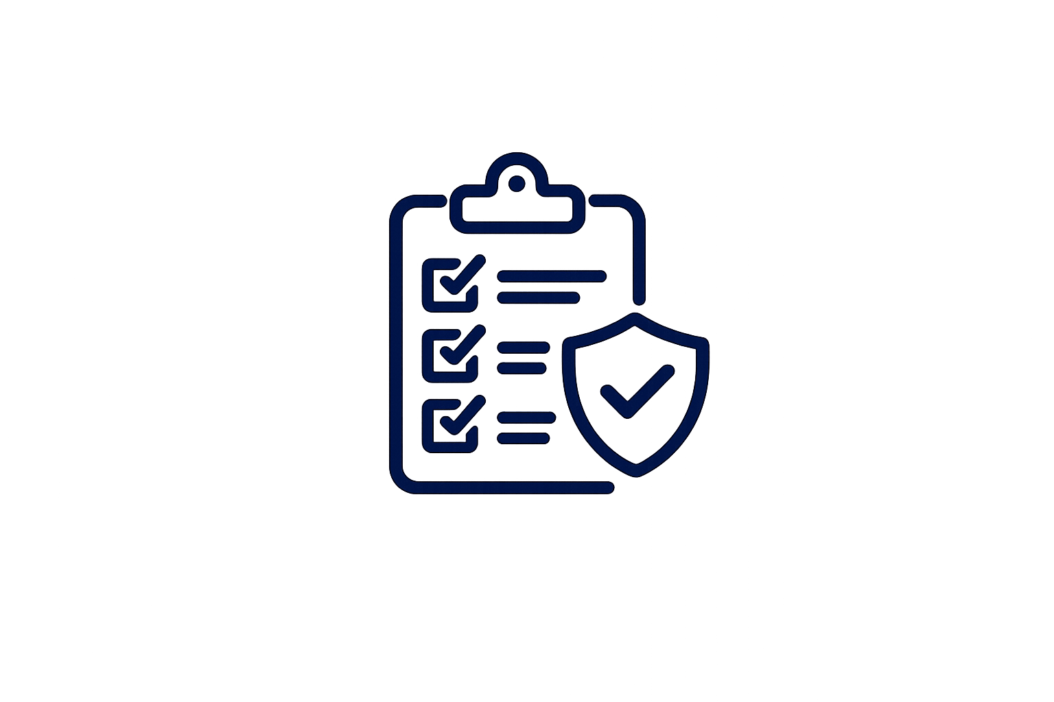 Outline of a clipboard with checkmarks and a shield with a checkmark, symbolizing security and verified checklists.