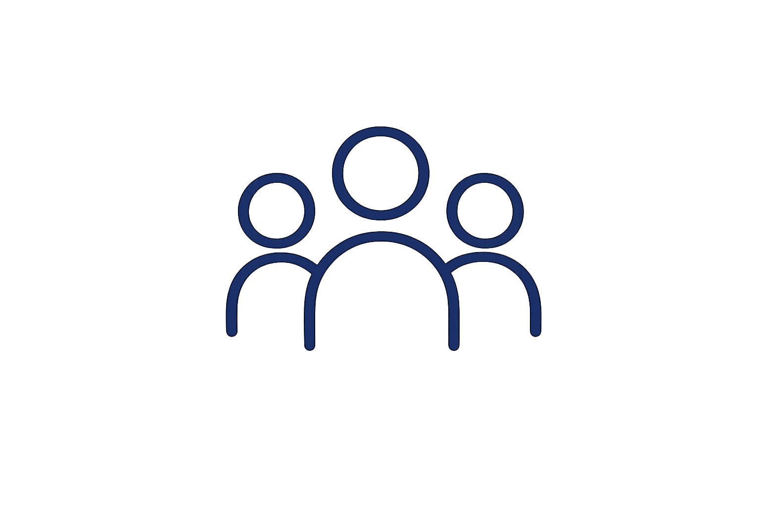 Icon representing a group of three people, with one in the center and two on either side, outlined in dark blue on a black background.