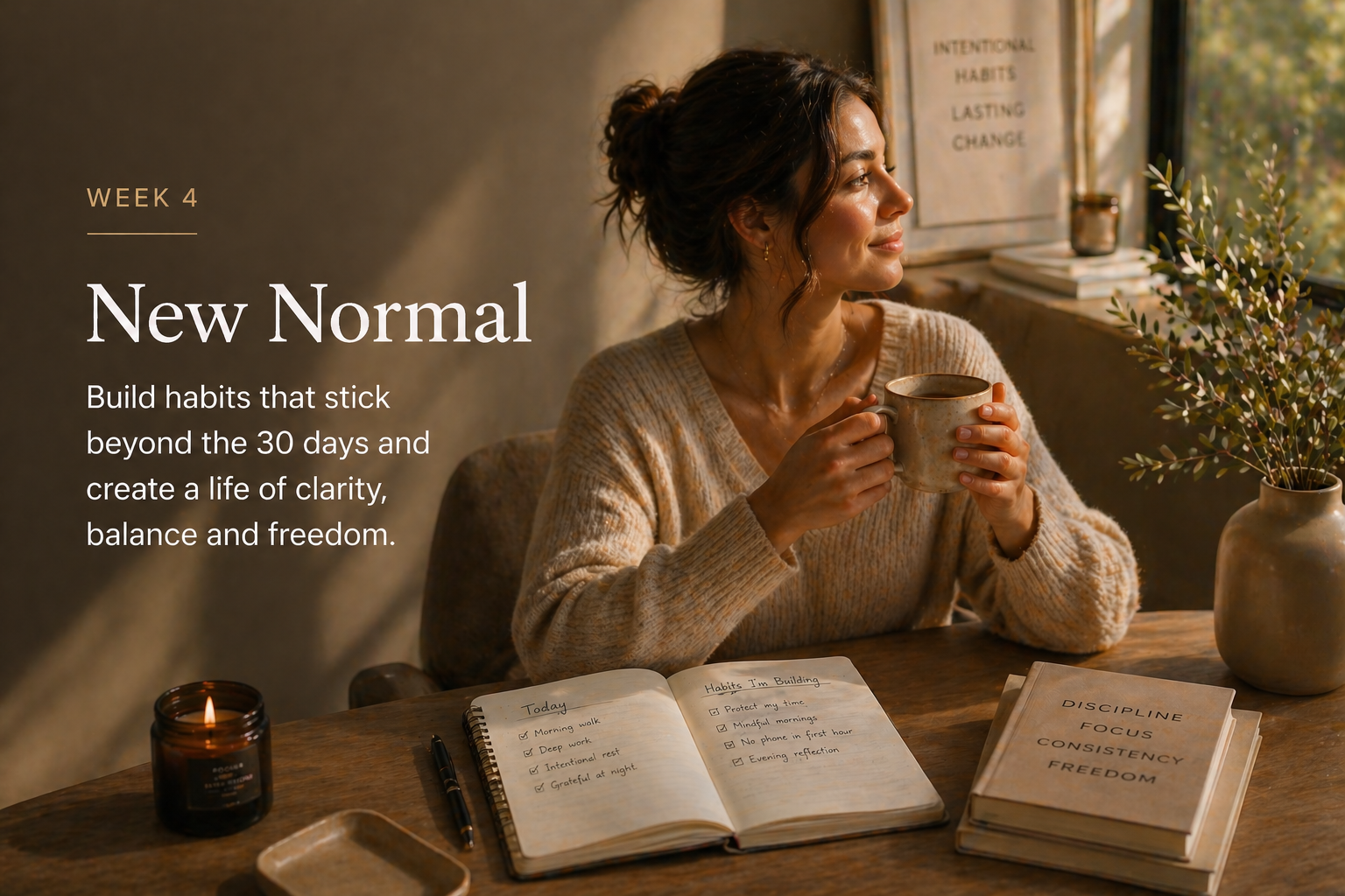 A woman sitting at a wooden table holding a ceramic mug, with an open journal, a closed book, a lit candle, and a potted plant on the table. Sunlight streams through a window beside her.