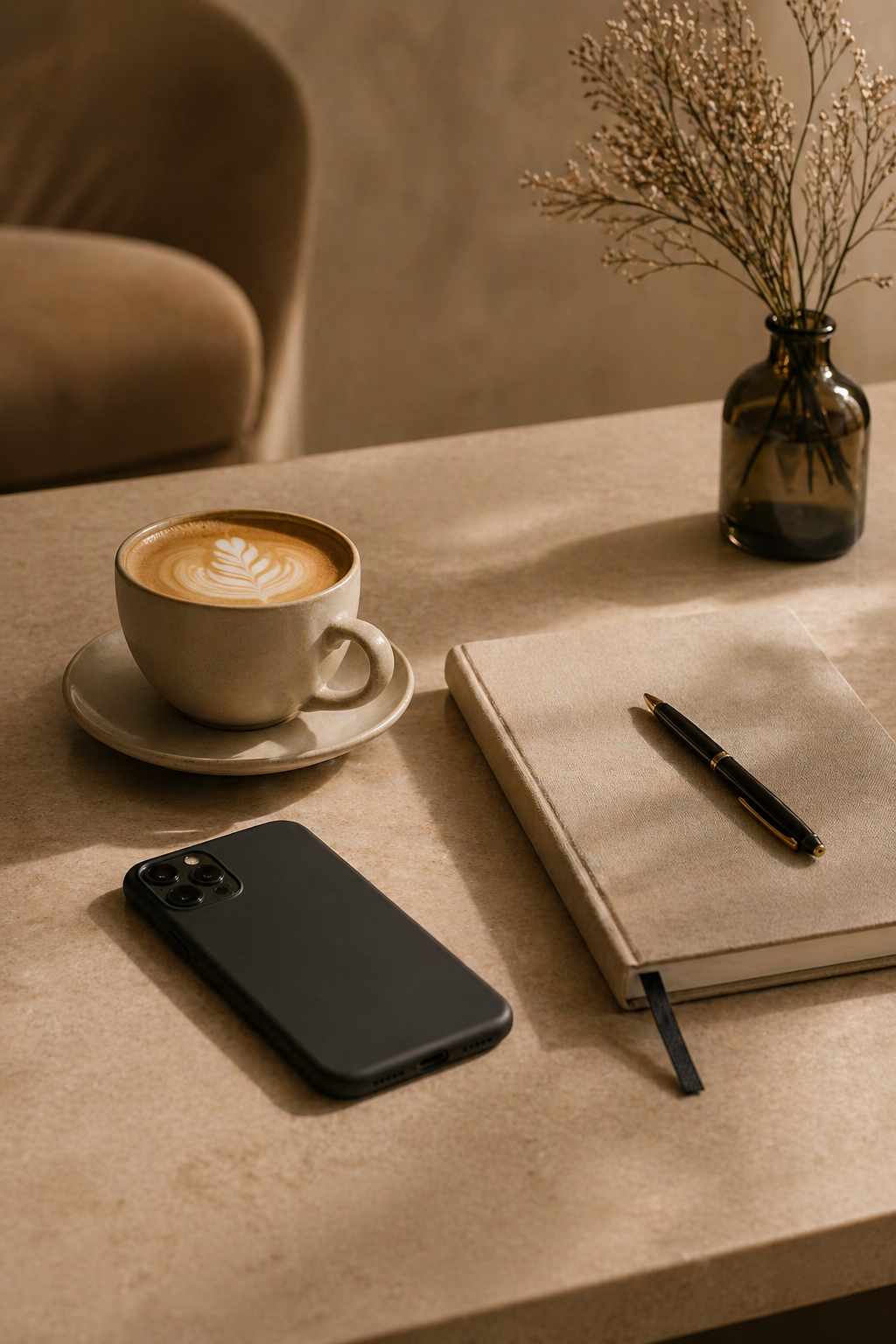 A beige table with a latte in a white cup and saucer, dried flowers in a dark glass vase, a closed beige notebook with black ribbon bookmark and a black and gold pen, and a black smartphone inside a case. A beige upholstered armchair is in the background.