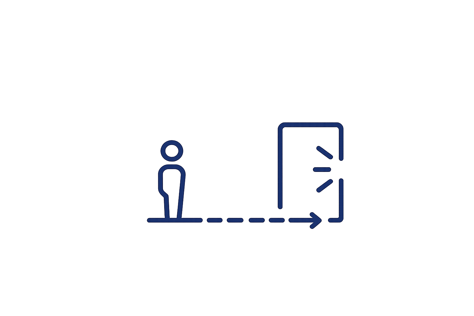 Simplified line drawing of a person standing on a platform next to an open door with an arrow pointing right, indicating movement or exit.